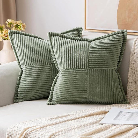 MIULEE Decorative Throw Pillow Covers for Couch Bed Livingroom 18x18 Inch Set of 2 Light Olive Green Boho Accent Throw Pllows Broadside Striped Patchwork Soft Corduroy Summer Pillowcases by MIULEE