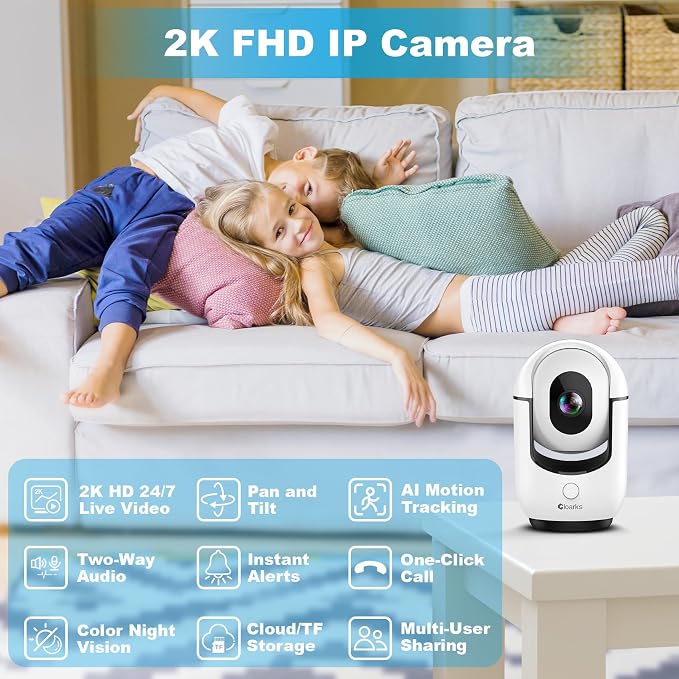 Cloarks 2K Pan/Tilt Security Camera, WiFi Indoor Cameras for Home Security with AI Motion Detection, Pet/Dog/Baby Camera with Phone App, 2-Way Audio, 24/7, Siren, TF/Cloud Storage - Image 2