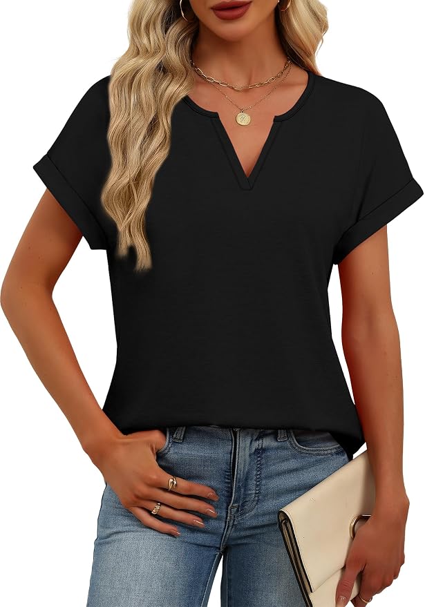 Womens Tops Dressy Casual V Neck Rolled Sleeve T Shirts Fashion Clothing Business Casual Outfits Beach Vacation Clothes - Image 4