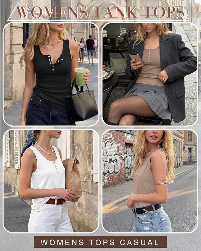 Ficerd 3 Pack Women's Henley Tank Tops Sleeveless Button Down Summer Shirts 2026 Casual Trendy Loose U Neck Tee Blouses - Image 4