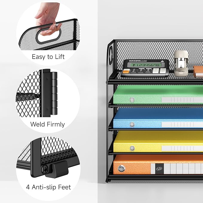 Lavatino 5 Tray Desk File Organizer, Black Mesh Paper Sorter Letter Tray Organizer with Handle, Desktop File Organizer and Storage for Letter/A4 Office File Folder - Image 3