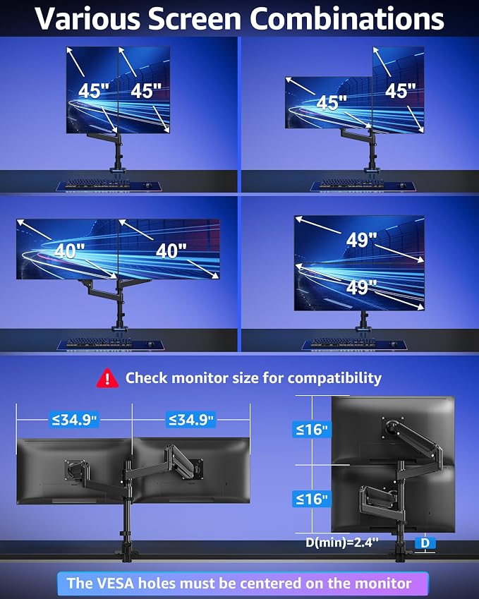 MOUNTUP Dual Monitor Stand Fits 49 45 42 40 39 34 32 Inch Screens, Heavy Duty Dual Monitor Arm Holds 7.7-44 lbs, Vertical Stacked Monitors Mount, Full Motion, Height Adjustable, VESA Mount - Image 9