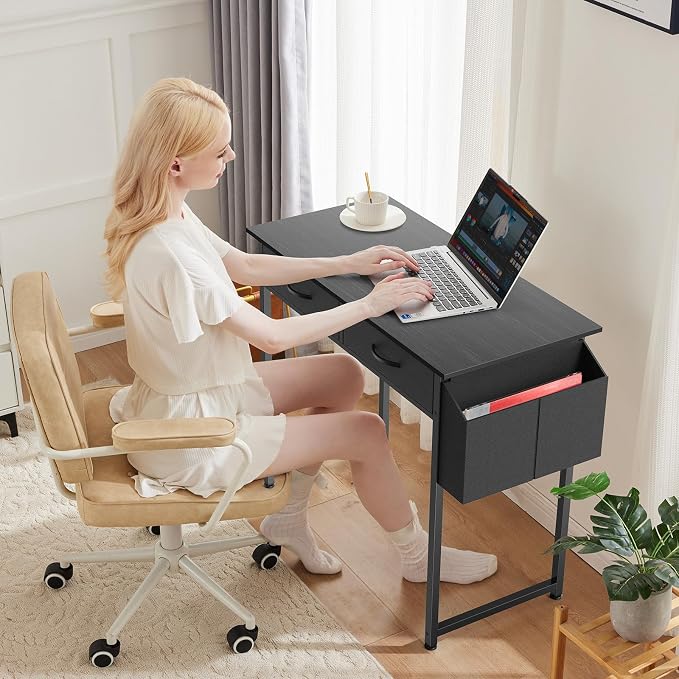 DUMOS 32" Home Office Computer Desk with Drawers, Small Gaming Writing Study Table with Storage Side Bag, Headphone Hook and Adjustable Feet for Bedroom Black | Home Office Desk for Bedroom, Gaming Writing Study Desk with Adjustable Feet - Image 2