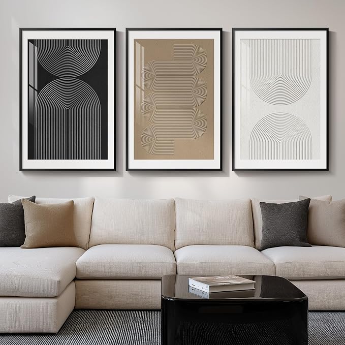 Large Framed Boho Neutral Abstract Wall Art for Living Room, 3 Piece Black White Brown Prints Paintings Artwork for Walls, Modern Minimalist Geometric Pictures for Hallway Office Wall Decor 24x36 In by Cuspin