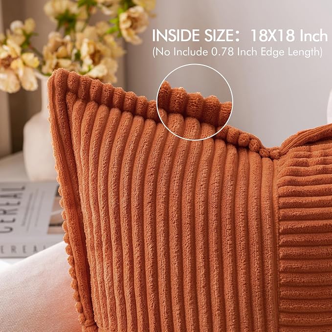 MIULEE Fall Rust Decorative Throw Pillow Covers for Couch Bed Livingroom 18x18 Inch Set of 2 Boho Accent Throw Pllows Broadside Striped Patchwork Soft Corduroy Pillowcases, Terracotta - Image 2