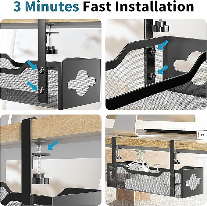 Under Desk Cable Management Tray 3 Pack, Cable Management Under Desk No Drill, Cable Organizer with Clamp for Wire Management, Cord Organizer for Office, Home - No Damage to Table (Black) - Image 7