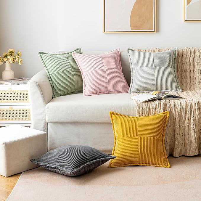 MIULEE Spring Decorative Throw Pillow Covers for Couch Bed Livingroom 20x20 Inch Set of 2 Pink Boho Accent Throw Pllows Broadside Striped Patchwork Soft Corduroy Pillowcases Valentine Decor - Image 5