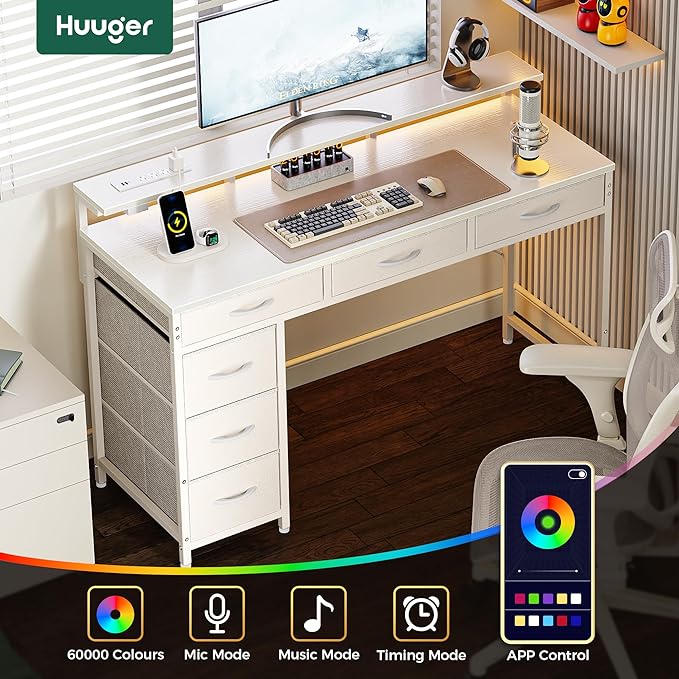 Huuger Gaming Desk with 6 Drawers, Computer Desk with LED Lights Power Outlets and Type-C, 39 Inch Office Desk with Storage, Monitor Stand, Writing Work Desk Home Office, Bedroom, White - Image 4