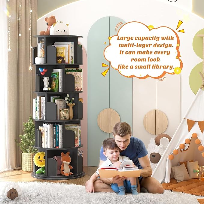 Aheaplus Rotating Bookshelf, 360 Display Wood Spinning Bookshelf Tower, 5 Tier Floor Standing Bookcase Storage Rack, Revolving Bookcase Corner Bookshelf for Small Space, Bedroom, Study Room, Black - Image 5