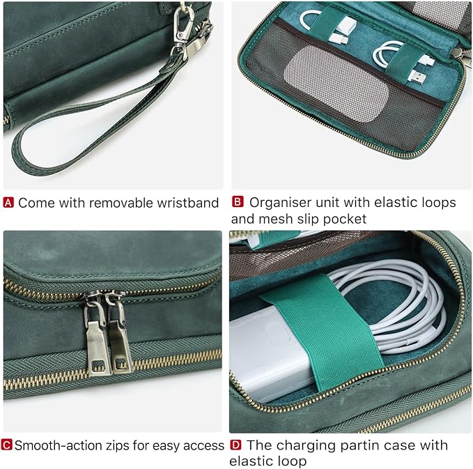 Hiram Handmade Crazy Horse Leather Tech Organizer Travel Case – Accessories Organiser Bag for Laptop, Tablet & Cell Phone, Double Compartment Charger Organizer Travel Case Green - Image 4
