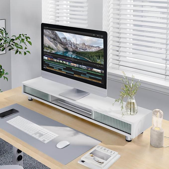 Fenge Dual Monitor Stand, 42.5inch Long Monitor Stands Riser for 2 Monitors, Glass Sliding Door with Storage Organizer Stand for Desk, 2 Tier Desk Shelf for Laptop, Pc, Printer, Computer, TV - Image 7