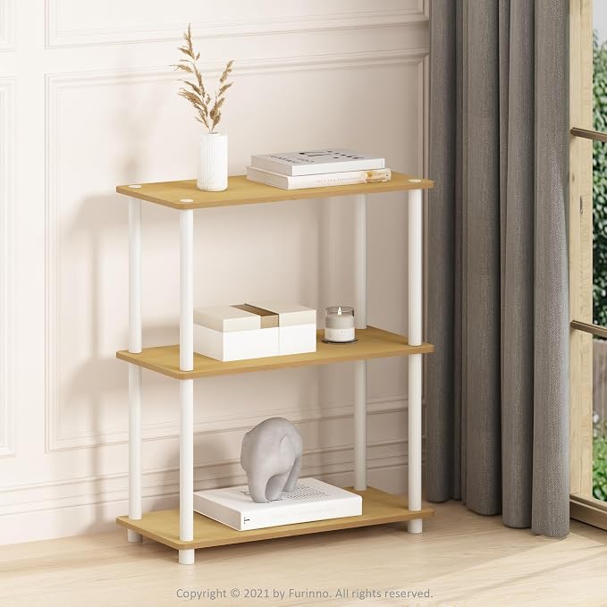 Furinno TURN-N-TUBE Storage Shelves, 3-Tier Book Shelf, Corner Shelf, Toolless Open Shelves, for Organization and Storage, Living Room, Garage, Home Office, Beech - Image 2
