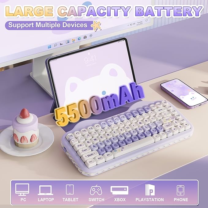 YUNZII C75 Cute 75% Wireless Mechanical Keyboard (Purple, Candy Switch) | Creamy Cake Keyboard, BT5.0/2.4G/USB-C, Hot-Swap, NKRO, PBT MOA Keycaps,5500mAh RGB Gasket Mount for Mac/Win/Gaming/Office - Image 6
