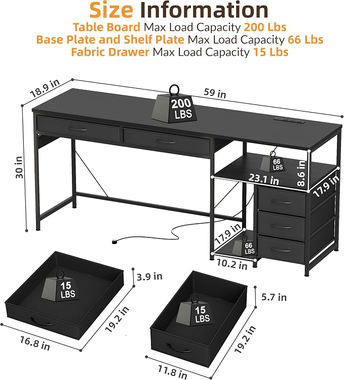 YOSHOOT 60" Computer Desk with 5 Fabric Drawers, Gaming Desk Table | Desk with Storage and Power Outlets, for Adults and Teenagers Working Writing Study, Black - Image 3