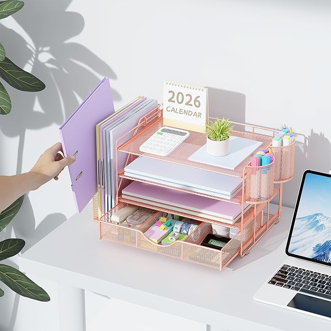 gianotter Desk Organizers and Accessories with File Holder, 4-Tier Desk Accessories & Workspace Organizers with Drawer and 2 Pen Holder, Paper Organizer for Office Supplies (Rose Gold) - Image 6
