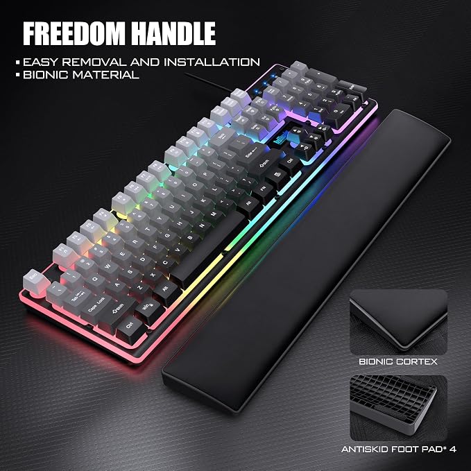RedThunder K10 Wired Gaming Keyboard, Mouse Wrist Rest Combo, RGB Backlit, Mechanical Feel Anti-ghosting Keyboard + 7D 7200 DPI Mice+Soft Leather Wrist Rest 3 in 1 PC Gamer Accessories(Gradient Gray) - Image 4