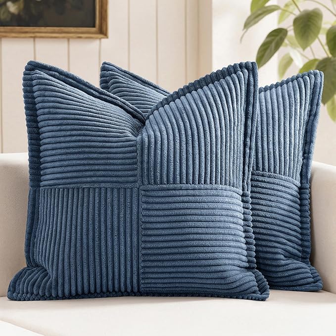 MIULEE Decorative Throw Pillow Covers for Couch Bed Livingroom 20x20 Inch Set of 2 Blue Boho Accent Throw Pllows Broadside Striped Patchwork Soft Corduroy Summer Coastal Pillowcases by MIULEE