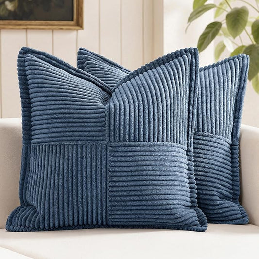 MIULEE Blue Corduroy Decorative Euro Sham Pillow Covers 24x24 Inch with Splicing Set of 2 Soft Boho Pillow Covers Broadside Textured Summer Coastal Pillowcases for Couch Bed Livingroom by MIULEE