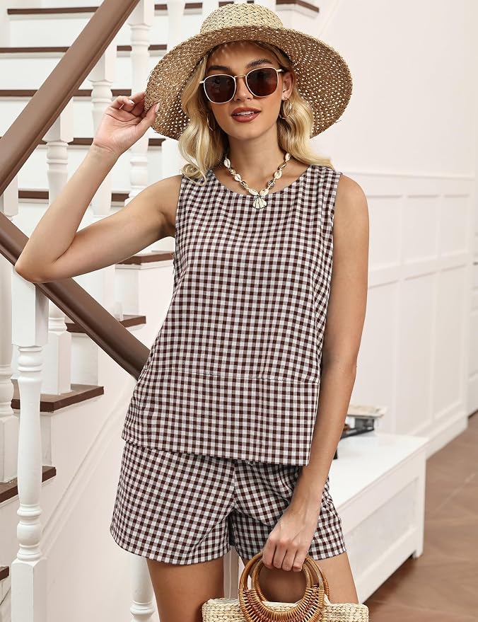 LOMON Women's Trendy 2 Piece Outfits Shorts Sets Summer Crew Neck Sleeveless Tank Top and Bottom Matching with Pockets 2026 - Image 5
