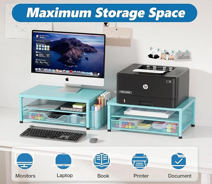 OPNICE Computer Monitor Stand Riser, Desk Organizer with Drawer, Printer & Laptop Stand, Office Desk Accessories & Workspace Desktop Organizers Storage for Office Supplies(Blue) - Image 3