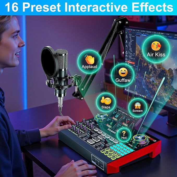 Podcast Microphone Bundle with Live Sound Board Audio Mixer, Podcast Equipment Bundle with 3.5mm Boom Mic(P15) for Pc/Phone Live Streaming Singing Gaming, Voice Changer, Denoise - Image 8