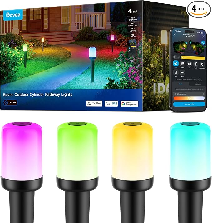 Govee Outdoor Cylinder Pathway Lights, 4 Pack, 425 Lumens, IP67 Waterproof | 60+ Preset Scene Modes, Outdoor Decor for Path, Patio, Garden, Lawn, Compatible with Alexa, Google Assistant, Matter by Unknown