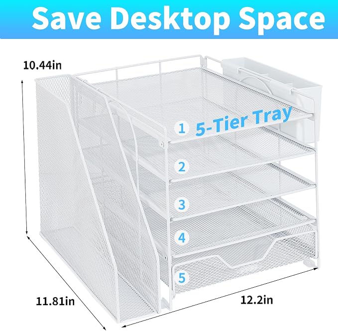 Desk Organizers and Accessories, 5-Tier Paper Letter Tray Organizer with File Holder, Drawer & Pen Holder, Office Desk Accessories, Desktop Organizer for Classroom Office Supplies, White - Image 2