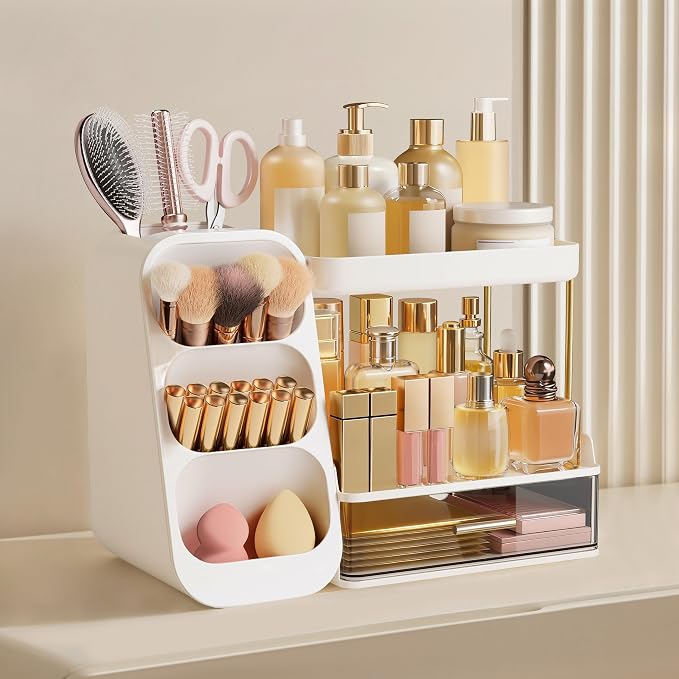 HBlife Bathroom Organizers and Storage with Brush Holder for Vanity, 3 Tier Plastic Makeup Organizer for Dresser Counter, Skincare, Lipstick, Perfume, and Cosmetic Storage - Image 2
