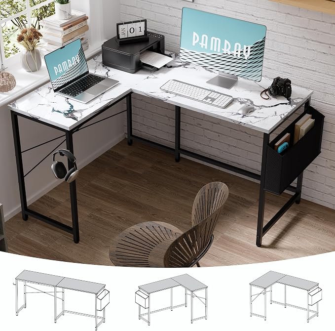 Pamray 47 Inch Reversible L Shaped Gaming Desk Corner Computer Desk with Storage Bag Home Office Table for Writing Study Marble - Image 4