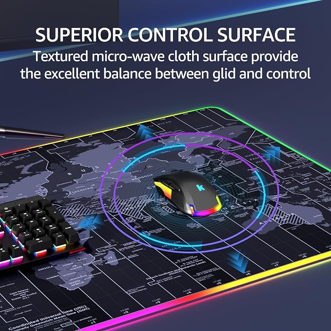 KTRIO RGB Large Gaming Mouse Pad, 31.5 x 15.7 in, RGB World Map, XXL | Smooth Micro-Weave Surface, RGB Lighting Design, Non-Slip Rubber Base, Durable Stitched Edges, Office & Home Use - Image 3