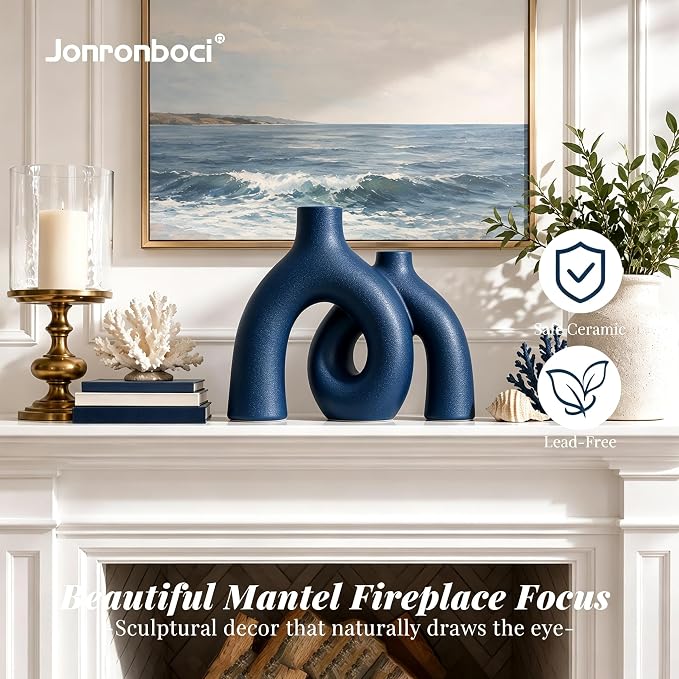 Hug Donut Decorative Vase Set - Navy Blue Vase, Modern Coastal Style Vases Home Decor, Matte Ceramic Decorations for Living Room Shelf, Bookshelf Mantle Entryway Table or Console Décor (Navy Blue) | Decorative Sculptural & Flower Vase for Living Room, ... - Image 6