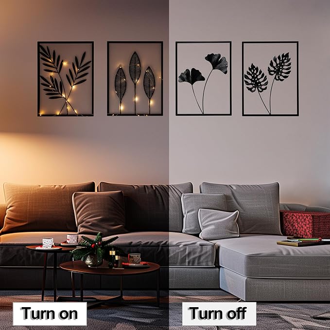 QXSXKJ Black Metal Wall Decor Framed, 3d Modern Metal Wall Art with Light, Minimalist Abstract Black Line Art DéCor, 4 Piece Home Art for Living Room Bedroom Bathroom - Image 2