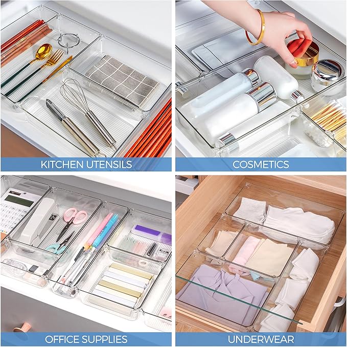 Ravinte 6 Pack Drawer Organizer - 6" X 9" Plastic Storage Bins, Acrylic Organizers with Non-Slip Pads Clear Desk Storage Tray for Makeup, Jewelries, Kitchen Utensils, Bathroom and Office | Acrylic Tray Design, Non-Slip Pads, For Makeup, Jewelry, Kitche... - Image 7