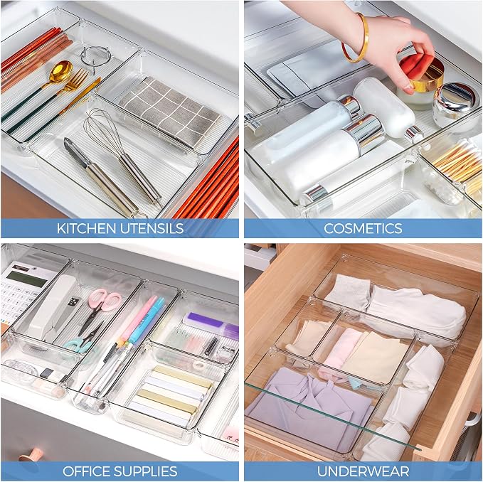 Ravinte 6 Pack Drawer Organizer, 3" x 9" Plastic Storage Bins | Acrylic Tray Design, Non-Slip Pads, For Makeup, Jewelry, Kitchen Utensils, Bathroom, Office Storage - Image 7