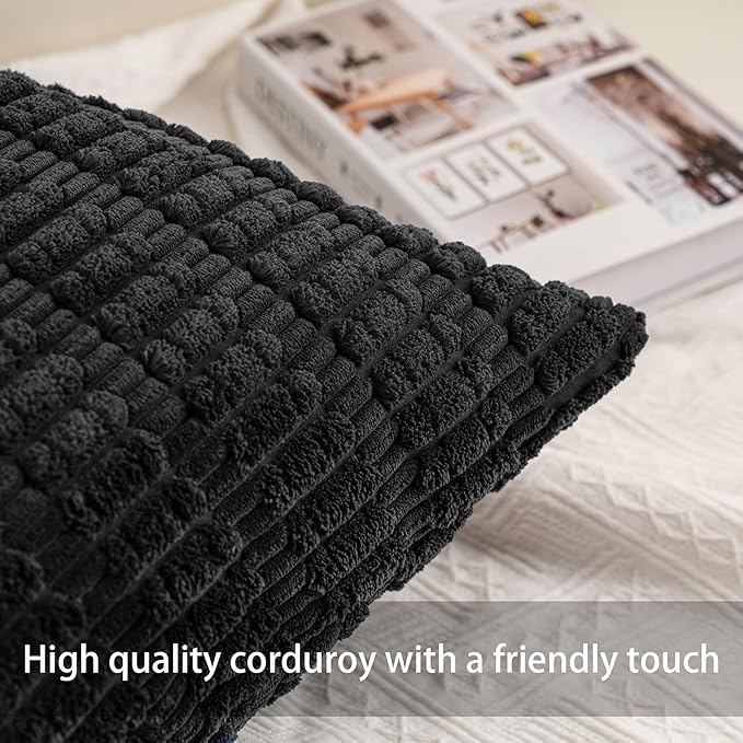 Aegero Pack of 2 Corduroy Decorative Throw Pillow Covers 20x20 InchSoft Striped Pillow Covers Modern Farmhouse Home Decor for Sofa Living Room Couch Bed（Black） - Image 2