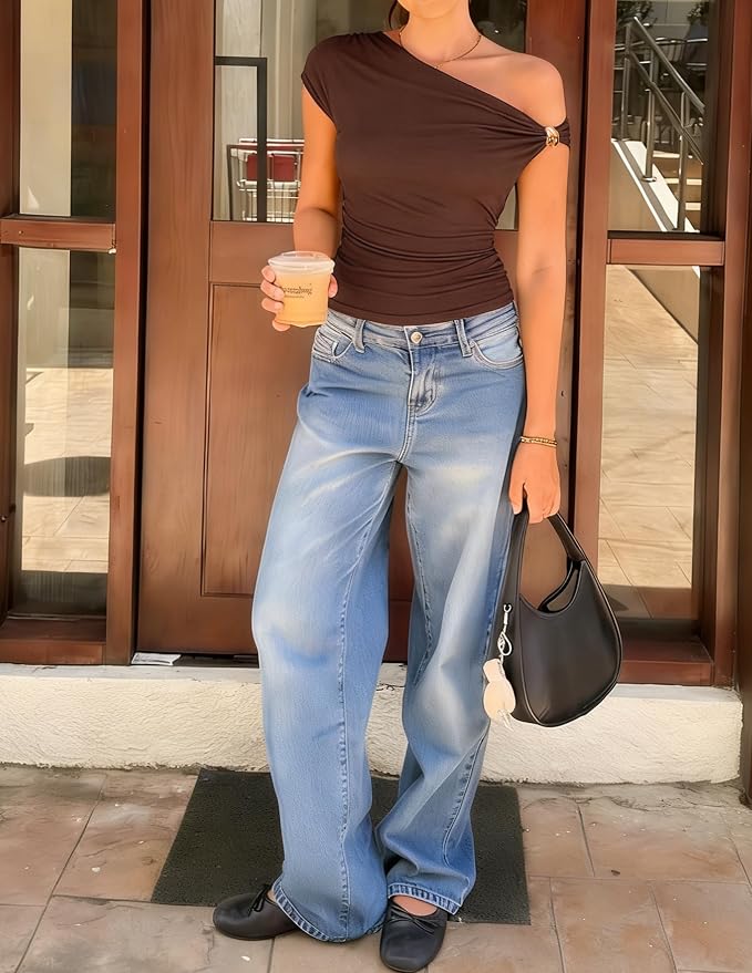 ZESICA Women's 2026 Summer Off Shoulder Tops Going Out Sexy Y2k Shirts Spring Cap Sleeve Ruched Asymmetrical Blouses - Image 4