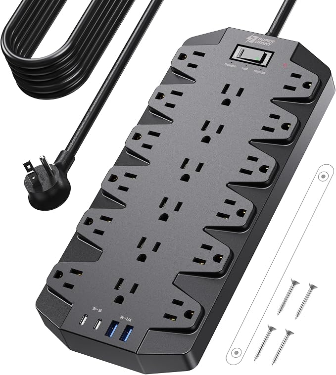 18 Widely Outlets Power Strip, SUPERDANNY Surge Protector with 4 USB Ports, 15FT Flat Plug Heavy Duty Extension Cord, 2100J, 1875W/15A, Wall Mount Holes for Home, Office, Dorm, Black by SUPERDANNY