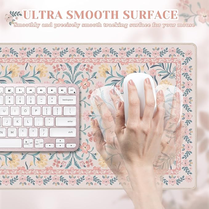 iCasso Aesthetic Mouse Pad for Office Decor,23.6x13.7in,Pink Floral | Desk Matt for Desktop,Anti-Slip Mousepad with Stitched Edges for Laptop Computer Keyboard,Smooth Water-Resistant - Image 3