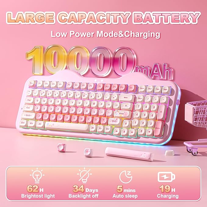 YUNZII C98 Cute Cake Wireless Mechanical Keyboard(Pink, Candy Switch) | 99 Keys with Number Pad, Hot Swap, PBT MOA Keycaps, BT5.0/2.4G/USB-C, Gasket Mount, Custom RGB Backlit for Win/Mac - Image 6