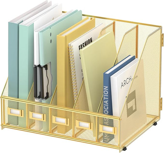 SUPEASY Desk Organizers Metal Desk Magazine File Holder with 5 Vertical Compartments Rack File Organizer for Office Desktop, Classroom, Home Workspace, Gold by SUPEASY