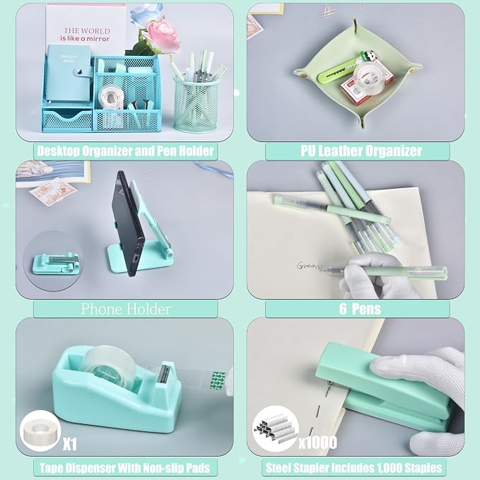 Green and Blue Desk Accessories, 26Pcs Office Supplies and Desk Organizers, with Tape Dispenser, Stapler, Staple Remover, Ect, Gift Box Packaging - Image 3