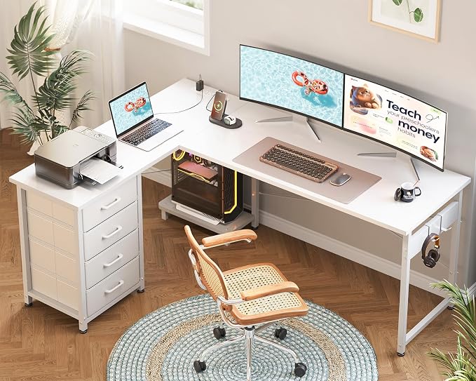 AODK 61" L Shaped Gaming Desk with 4 Drawers and Power Outlets, White | USB Ports, PC Tower Stand, Hooks, Reversible Corner Layout for Gaming Rooms, Bedrooms and Home Office - Image 2