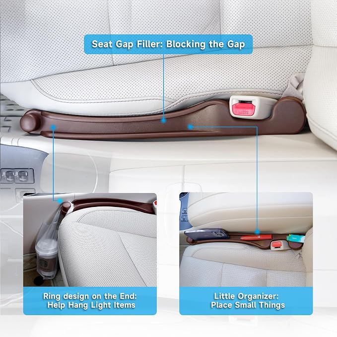 Car Seat Gap Filler 2 Pack Soft Foam Multifunctional Seat Side Gap Filler with Organizer & Hook Function, 3in1 Gap Stopper Universal Fit Car SUV Truck Fill The Gap Between Seat & Console (Espr Brown) - Image 3