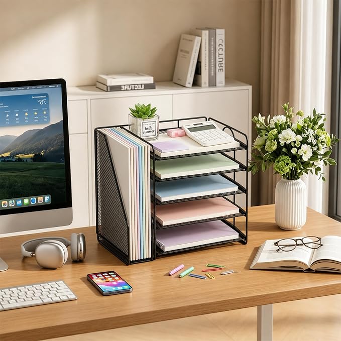 OPNICE Desk Organizers and Accessories, 5-Tier Paper Organizer Letter Tray with Magazine Holder, Office Desk Accessories & Workspace Organizers, Desktop File Organizer for Office Supplies, Black - Image 5
