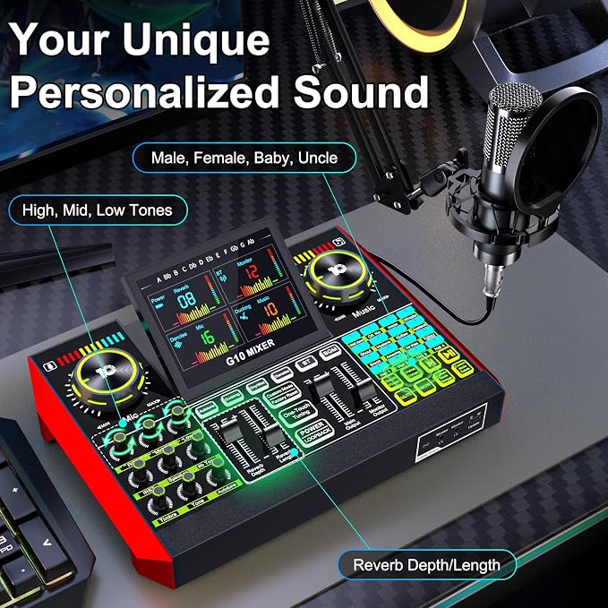 Podcast Microphone Bundle with Live Sound Board Audio Mixer, Podcast Equipment Bundle with 3.5mm Boom Mic(P15) for Pc/Phone Live Streaming Singing Gaming, Voice Changer, Denoise - Image 3