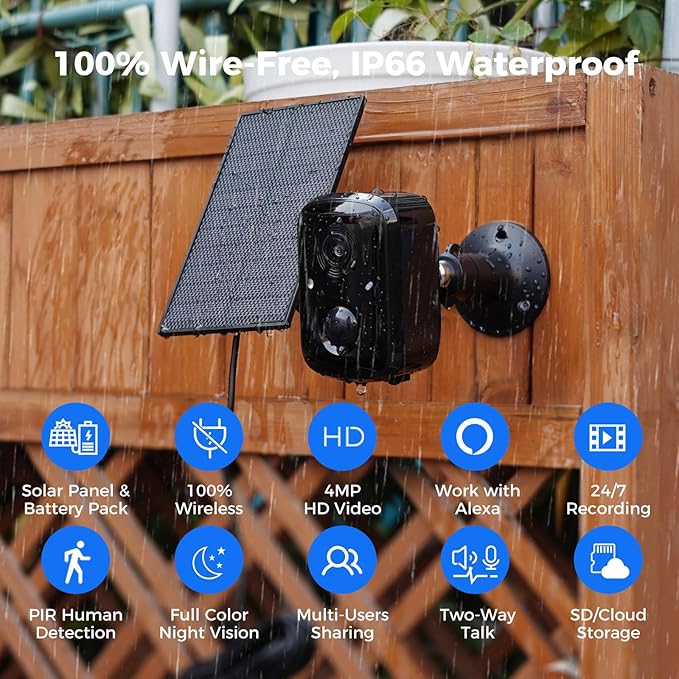 Hiseeu Security Cameras Wireless Outdoor, Solar Powered 3K 4MP Surveillance WiFi Cameras for Home Security Outside, PIR/AI Motion Detection, Waterproof, Color Night Vision, 2-Way Audio, Black - Image 2