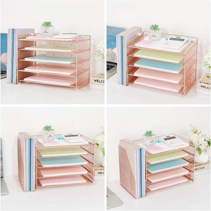 OPNICE Desk Organizer, 5-Tier Paper Organizer Letter Tray with Magazine Holder, Office Desk Accessories & Workspace Organizers, Desktop File Organizer for Office Supplies Storage, Rose Gold - Image 2