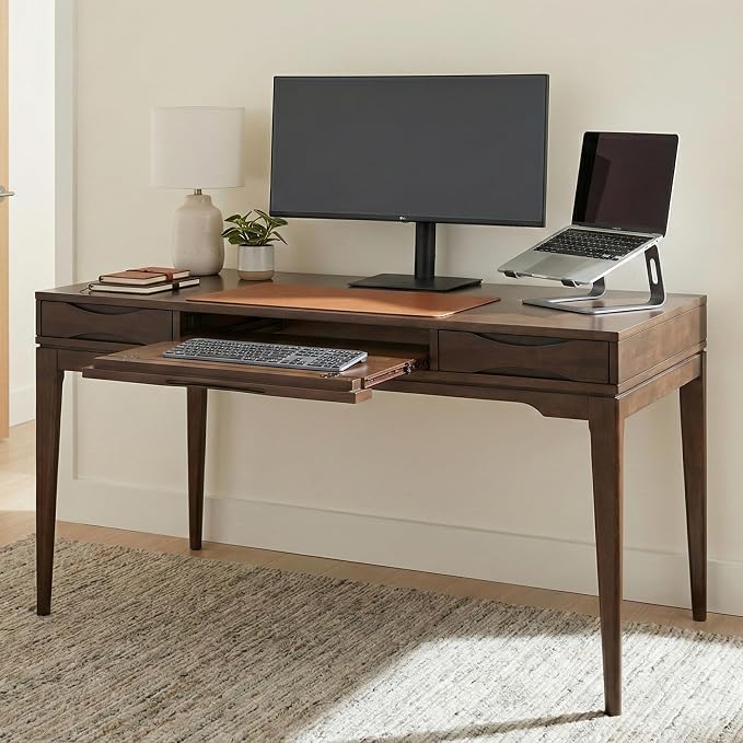 SIMPLIHOME Harper Desk - 60 Inch Wide Solid Wood Writing Desk in Walnut Brown, Mid-Century Modern Home Office Computer Table for Workspace or Study with 2 Drawers and Flip-Down Keyboard Tray - Image 2