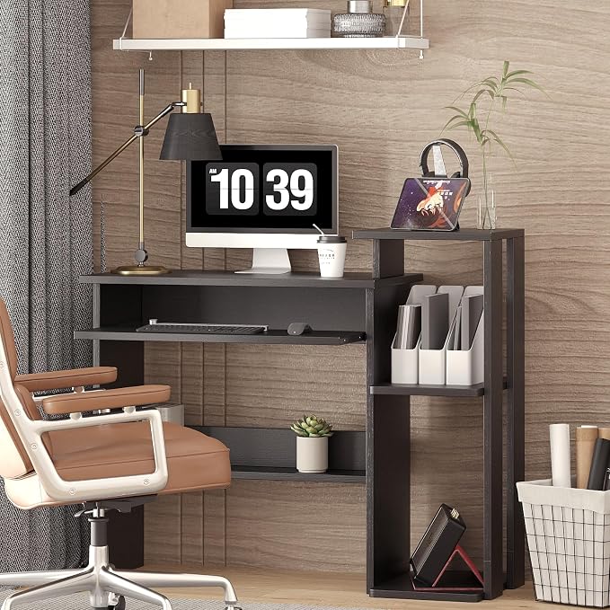 ALISENED Computer Desk with Storage Shelves, Home Office Desk with Monitor Stand, Small Writing Desk Table with Keyboard Tray,Study Table with CPU Stand for Small Spaces (35"-Black) - Image 2