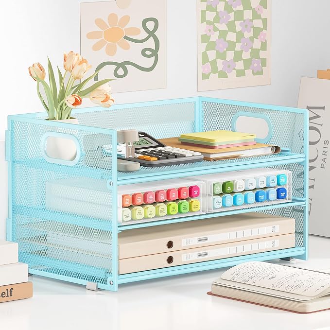 Subekyu 3 Tier Paper Desk Organizer with Handle and 1 PC Slideable Letter Tray, A4 Paper File Folder Sorter Metal Mesh Organizer for Home Office School Desk Supplies Organization Storage, Blue - Image 4